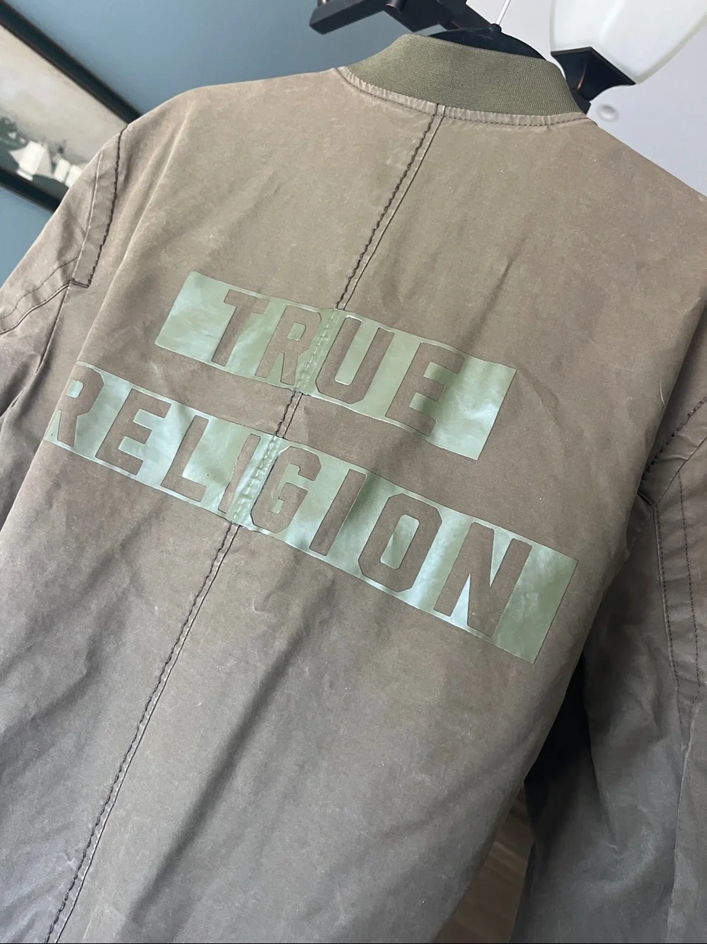 True Religion Waxed Bomber in Military Olive